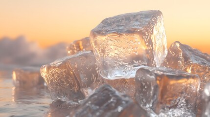 Poster - A detailed photograph of ice cubes with frozen air bubbles, stacked together to showcase their clarity and smooth, sharp edges. Cinematic Scene, 4k resolution, cinematic scene