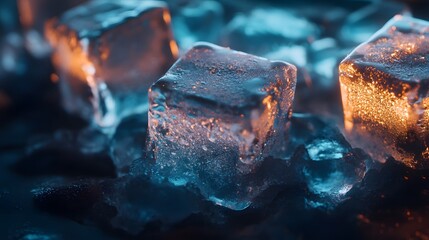 Poster - A detailed photograph of ice cubes with frozen air bubbles, stacked together to showcase their clarity and smooth, sharp edges. Cinematic Scene, 4k resolution, cinematic scene