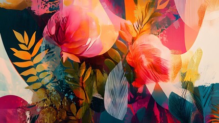 Poster - A vibrant digital collage blending abstract geometric shapes with layered botanical illustrations, creating a textured, dynamic composition. Cinematic Scene, 4k resolution, cinematic scene