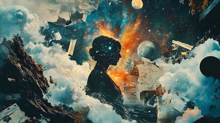 Poster - A surreal collage with digital and organic textures, combining elements like starry skies, vintage photos, and torn paper layers for a dreamlike effect. Cinematic Scene, 4k resolution, cinematic scene