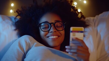 Wall Mural - Mobile Banking. Joyful Afro Girl Using Smartphone And Credit Card Shopping Online Lying In Bed At Home