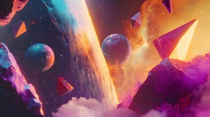 Aufkleber - A collage of cosmic elements with overlapping shapes, stars, and nebula textures, blending surrealism with a vibrant graphic design. Cinematic Scene, 4k resolution, cinematic scene