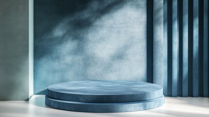 Poster - Elegant blue interior with circular podium and textured wall, showcasing serene and modern design elements for minimalist aesthetic or product display