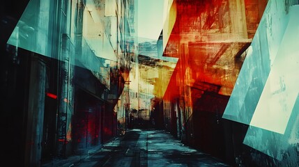 Poster - An abstract digital collage with layered geometric shapes, faded text, and photographic textures, creating a graphic, urban look. Cinematic Scene, 4k resolution, cinematic scene