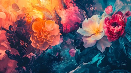 Poster - A colorful mixed media artwork blending floral illustrations with graphic patterns and digital brushstrokes for a vibrant, textured effect. Cinematic Scene, 4k resolution, cinematic scene