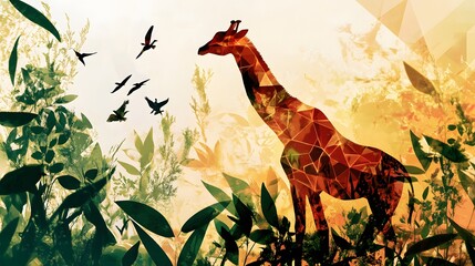 Poster - A layered digital artwork featuring animal silhouettes overlaid with geometric patterns and botanical textures, creating a unique, graphic effect. Cinematic Scene, 4k resolution, cinematic scene