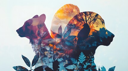 Poster - A layered digital artwork featuring animal silhouettes overlaid with geometric patterns and botanical textures, creating a unique, graphic effect. Cinematic Scene, 4k resolution, cinematic scene