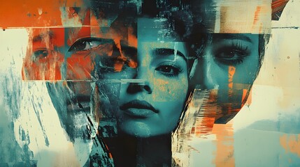 Poster - A mixed media collage with faces and abstract shapes overlaid with grunge textures and digital paint strokes, creating a bold, expressive design. Cinematic Scene, 4k resolution, cinematic scene