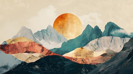 Poster - A collage with abstract mountain shapes layered over a textured background, blending natural landscapes with bold graphic elements. Cinematic Scene, 4k resolution, cinematic scene