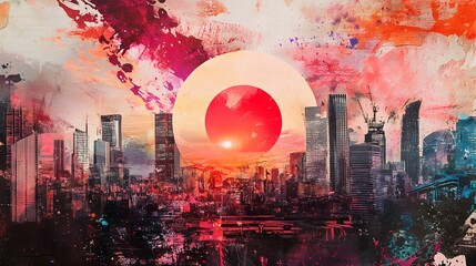 Aufkleber - A surreal digital collage with a layered cityscape, cosmic patterns, and textured paint splashes, creating a futuristic, otherworldly feel. Cinematic Scene, 4k resolution, cinematic scene