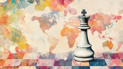 Poster - Artistic Chess Piece on Colorful World Map Background Representing Strategy and Global Influence in Competitive Games and Decision Making Concepts