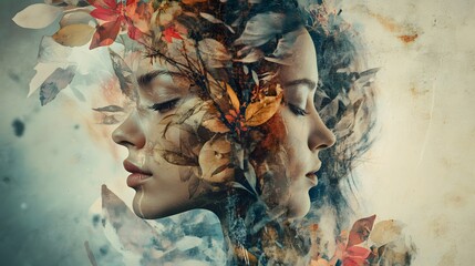 Poster - A layered collage with faces overlaid with botanical elements, ink splatters, and textured paper, creating a surreal, organic design. Cinematic Scene, 4k resolution, cinematic scene