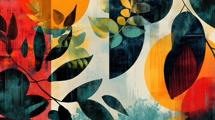 Aufkleber - A colorful collage with overlapping botanical illustrations, abstract shapes, and graphic textures, creating a vibrant, layered composition. Cinematic Scene, 4k resolution, cinematic scene