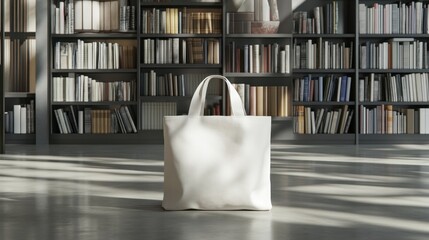 Aufkleber - Minimalistic White Tote Bag Positioned on Smooth Floor Against a Modern Library Background in a Bright and Airy Indoor Setting