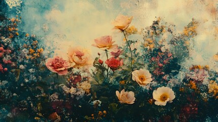 Poster - A digital artwork blending vintage floral patterns with abstract graphic elements and grunge textures, creating a retro-inspired collage. Cinematic Scene, 4k resolution, cinematic scene