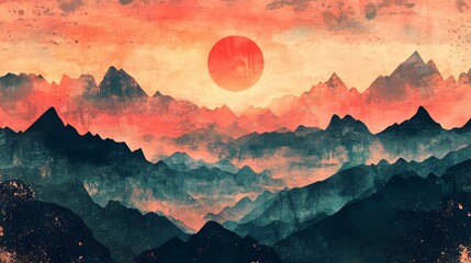 Poster - A layered landscape collage with mountain silhouettes, cosmic textures, and watercolor splashes, creating a mystical, dreamlike design. Cinematic Scene, 4k resolution, cinematic scene