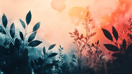 Poster - A textured digital artwork featuring botanical illustrations layered with watercolor textures and abstract shapes, creating a lush, organic look. Cinematic Scene, 4k resolution, cinematic scene