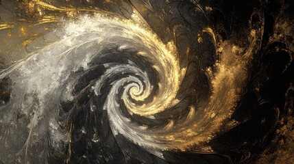 Poster - Swirling Abstract Pattern with Gold and Silver Hues Representing Energy and Motion in a Dark Background for Visual Art and Design Projects