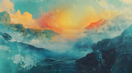 Poster - A digital collage blending landscapes with abstract textures and faded elements, creating a nostalgic, dreamlike design. Cinematic Scene, 4k resolution, cinematic scene