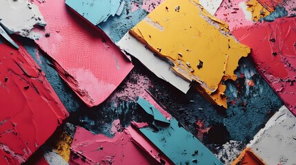 Poster - A vibrant mixed media piece with overlapping geometric shapes, textured paper, and bright paint splashes, creating a bold, graphic design. Cinematic Scene, 4k resolution, cinematic scene