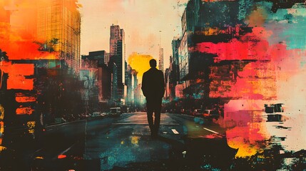 Poster - A layered digital collage of cityscape silhouettes, vintage photos, and vibrant paint splashes, creating a bold, urban composition. Cinematic Scene, 4k resolution, cinematic scene
