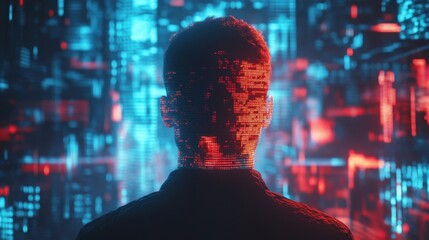 Poster - Human Silhouette Against Futuristic Digital Background Representing Technology, Data, and the Intersection of Humanity and Artificial Intelligence in Modern Society