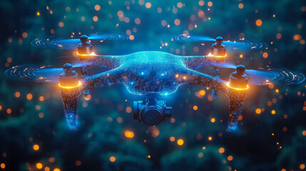 Poster - smart blue digital hologram drone with camera in ai aerial surveillance and disaster response