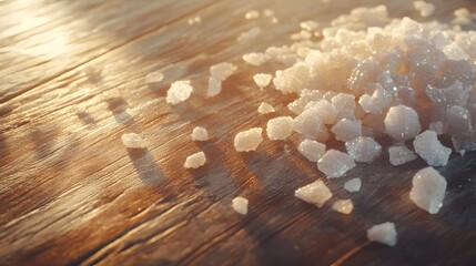 Fototapete - A macro shot of coarse sea salt crystals scattered on a wooden surface, with each crystal reflecting light to show its angular structure. Cinematic Scene, 4k resolution, cinematic scene