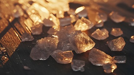 Fototapete - A macro shot of coarse sea salt crystals scattered on a wooden surface, with each crystal reflecting light to show its angular structure. Cinematic Scene, 4k resolution, cinematic scene