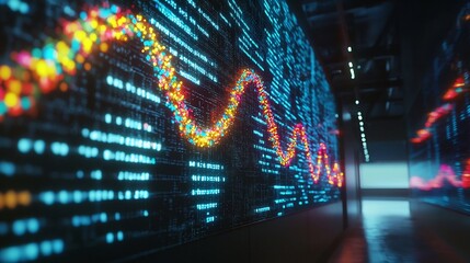 Poster - Glowing Digital DNA Helix Displaying Dynamic Data Packets in a High Tech Data Center