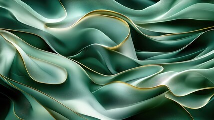 Poster - Abstract Flowing Waves in Green and Gold Tones with Smooth Curves and Elegant Drapery for Modern Design and Artistic Backgrounds