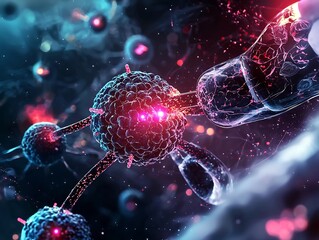 Poster - Glowing Nanobot Delivering Targeted Medication to Human Cells in Microscopic High Tech Scene
