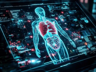 Wall Mural - Futuristic Holographic Medical Scan Displaying Organ Treatment by Nanobots