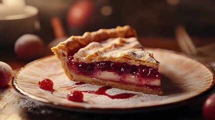 Fototapete - A sharp photo of a slice of pie with a golden, flaky crust and fruit filling visible, capturing each layer in photorealistic detail. Cinematic Scene, 4k resolution, cinematic scene