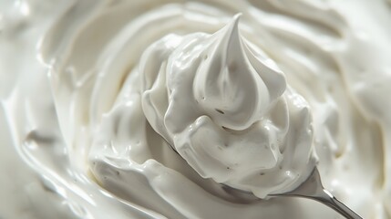 Poster - A sharp, true-to-life shot of a spoonful of whipped cream with visible air bubbles and a soft, fluffy texture. Cinematic Scene, 4k resolution, cinematic scene