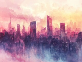 Wall Mural - Abstract Watercolor Cityscape with Foggy Sky