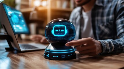 Poster - Futuristic chatbot device with digital interface on a desk beside a laptop, showcasing technology and artificial intelligence in a modern workspace environment