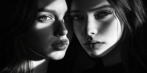 Wall Mural - Dramatic black and white portrait of two women in contrasting light and shadow