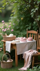 Poster - A table with a white tablecloth and a pink blanket on it