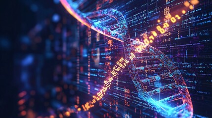 Poster - futuristic digital dna strand with binary code sequences and high tech background