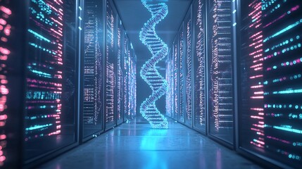 Poster - Digital Data Storage Room with Glowing DNA Strands Future Biological Information Concept