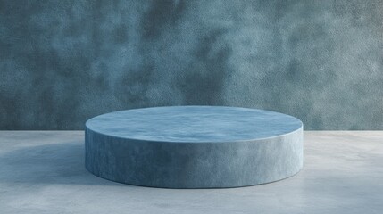 Poster - Minimalist Circular Platform on Smooth Concrete Surface with Textured Blue Wall Background Ideal for Displaying Products or Artwork in Studio Settings