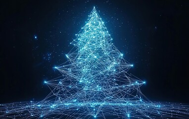 Poster - A vibrant digital Christmas tree illuminated with glowing blue lines and nodes, symbolizing technology and holiday spirit in a dark background