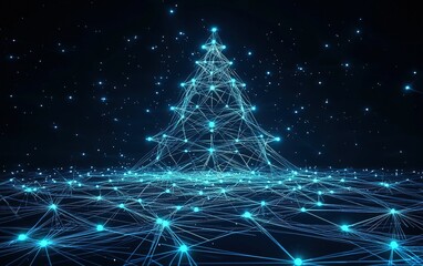 Poster - A digital Christmas tree made of glowing blue lines and nodes against a dark starry background during a festive season