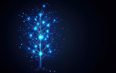 Poster - A glowing blue tree with intricate branches and radiant lights against a dark background in a mystical setting