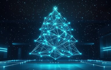 Poster - a digital christmas tree glowing with blue lights, set against a starry night sky in a futuristic en