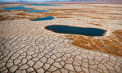 An aerial view of a dry, cracked landscape with scattered lakes in the desert