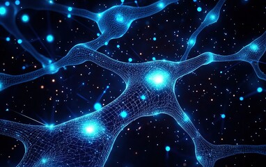 Poster - Neural network connections illuminated by blue lights in a dark space, showcasing the complexity of synaptic interactions