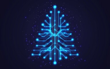 Poster - A glowing blue circuit tree design with glowing nodes against a dark background, symbolizing technological innovation during winter