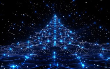 Poster - A mesmerizing digital representation of a blue Christmas tree glowing in a starry night landscape